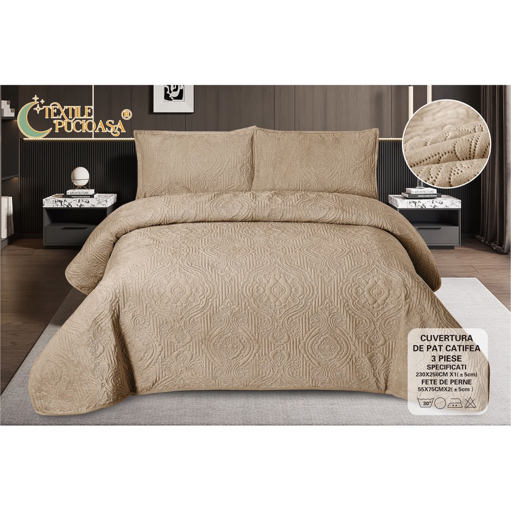 Set 3 Cuvertura dubla de lux din Catifea, Cuvertura de 230x250 cm, Cu 2 fete de perna 55 x 75cm, CVCP4 Cuverturi catifea