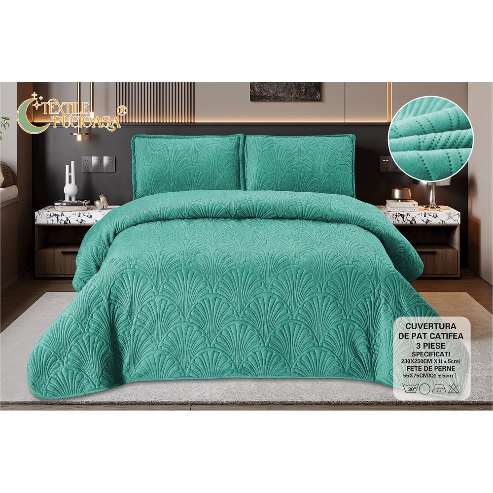 Set 3 Cuvertura dubla de lux din Catifea, Cuvertura de 230x250 cm, Cu 2 fete de perna 55 x 75cm, CVCP9 Cuverturi catifea