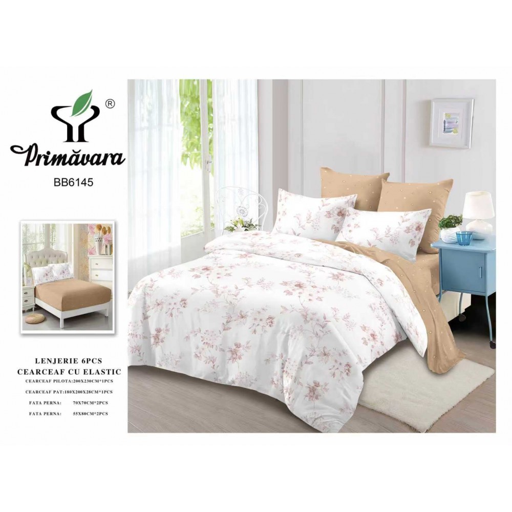 Set Lenjerie Eleganta pentru pat dublu din Bumbac Finet compus din 6 piese, Cearceaf de pat cu elastic 180x200cm+25cm, LFECO1 Lenjerii din finet 6 piese cu  elastic