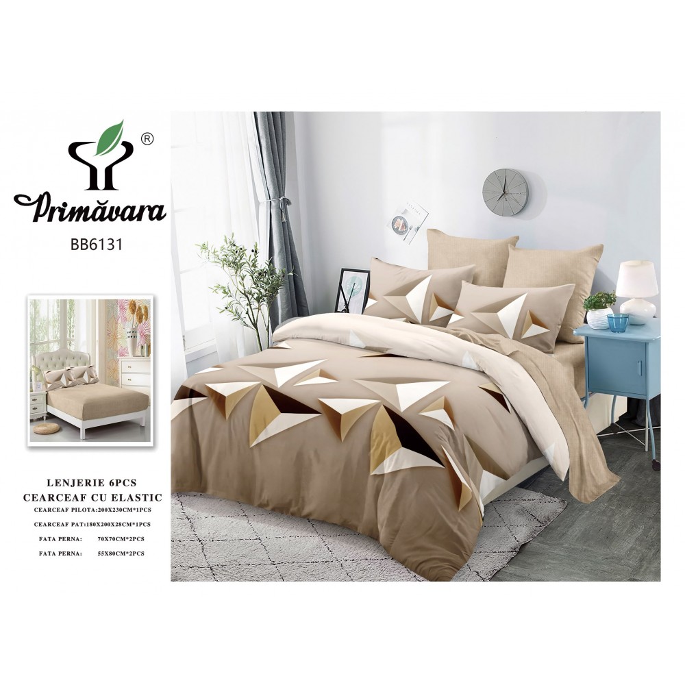 Set Lenjerie Eleganta pentru pat dublu din Bumbac Finet compus din 6 piese, Cearceaf de pat cu elastic 180x200cm+25cm, LFECO2 Lenjerii din finet 6 piese cu  elastic