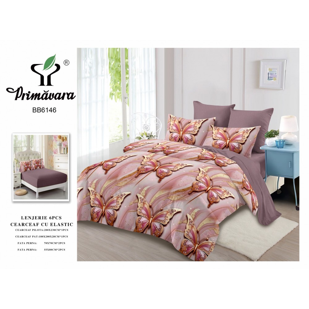 Set Lenjerie Eleganta pentru pat dublu din Bumbac Finet compus din 6 piese, Cearceaf de pat cu elastic 180x200cm+25cm, LFECO3 Lenjerii din finet 6 piese cu  elastic