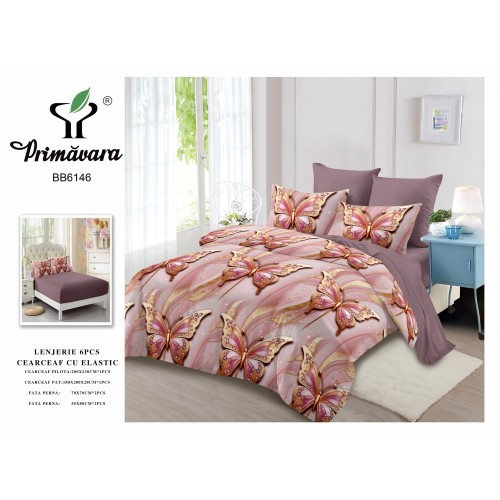 Set Lenjerie Eleganta pentru pat dublu din Bumbac Finet compus din 6 piese, Cearceaf de pat cu elastic 180x200cm+25cm, LFECO3