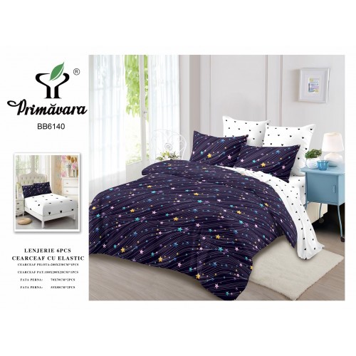Set Lenjerie Eleganta pentru pat dublu din Bumbac Finet compus din 6 piese, Cearceaf de pat cu elastic 180x200cm+25cm, LFECO5
