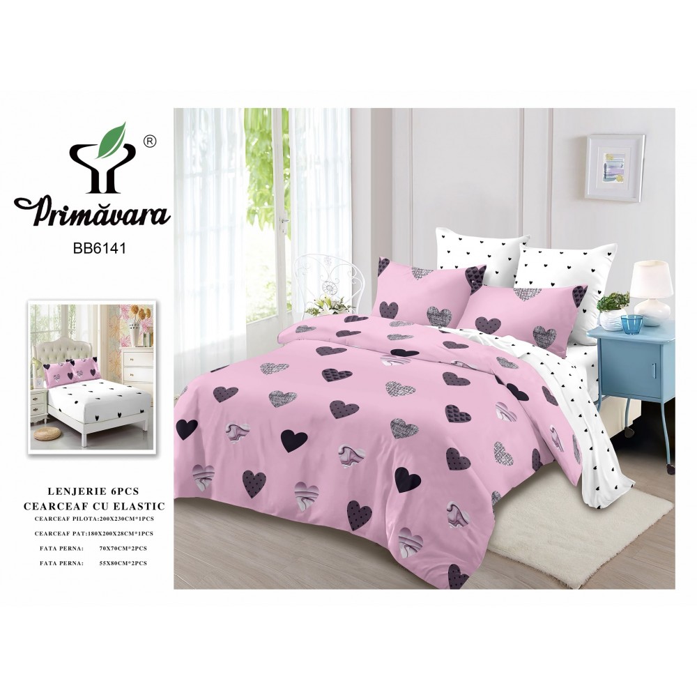 Set Lenjerie Eleganta pentru pat dublu din Bumbac Finet compus din 6 piese, Cearceaf de pat cu elastic 180x200cm+25cm, LFECO6 Lenjerii din finet 6 piese cu  elastic