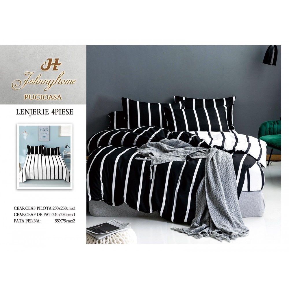 Lenjerie de Pat dublu, Bumbac Satinat Superior,4 Piese Cearceaf de pat 240 x 250 cm, A50-13 LENJERII DIN BUMBAC SATINAT