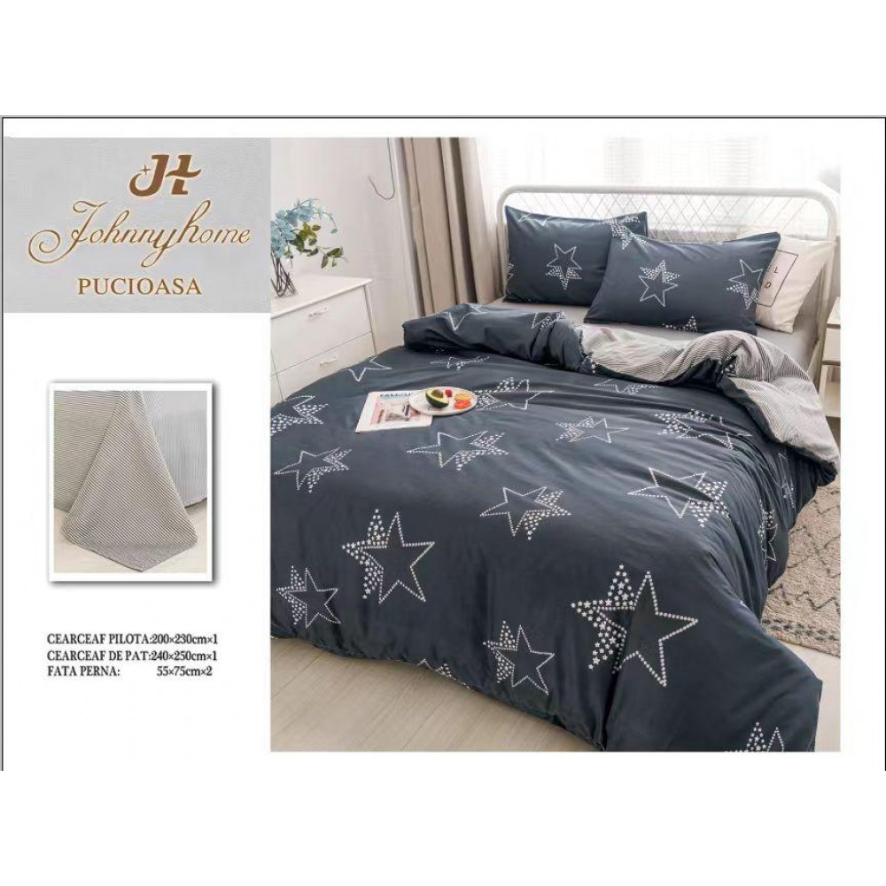 Lenjerie de Pat dublu, Bumbac Satinat Superior,4 Piese Cearceaf de pat 240 x 250 cm, A50-16 LENJERII DIN BUMBAC SATINAT