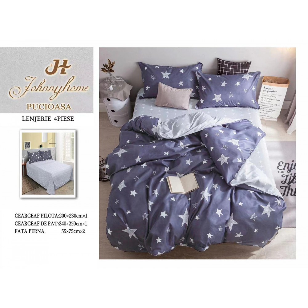 Lenjerie de Pat dublu, Bumbac Satinat Superior,4 Piese Cearceaf de pat 240 x 250 cm, A50-21 LENJERII DIN BUMBAC SATINAT