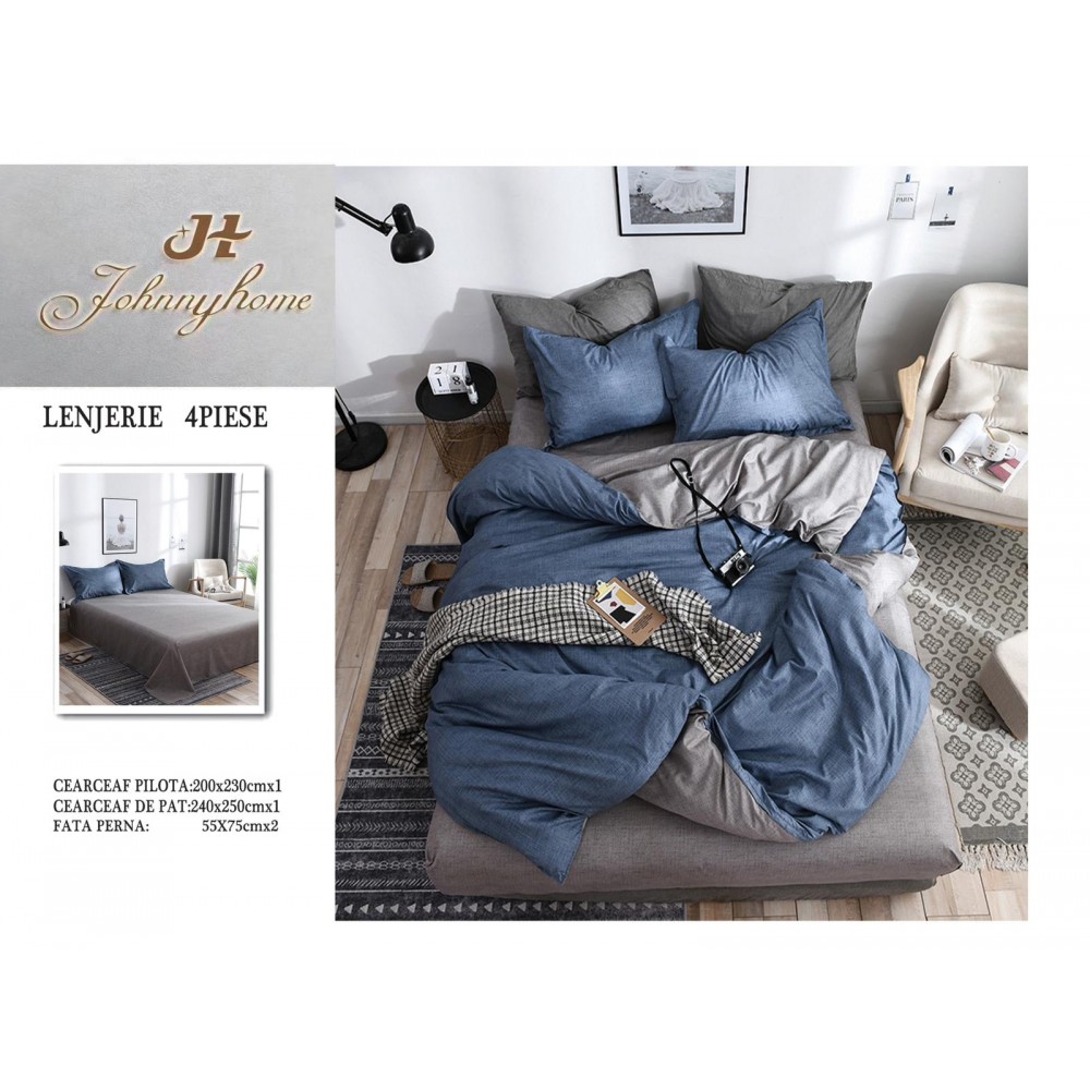 Lenjerie de Pat dublu, Bumbac Satinat Superior,4 Piese Cearceaf de pat 240 x 250 cm, A50-33 LENJERII DIN BUMBAC SATINAT