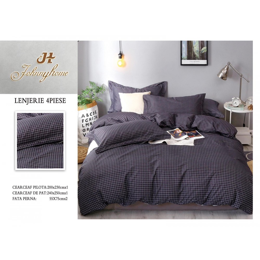 Lenjerie de Pat dublu, Bumbac Satinat Superior,4 Piese Cearceaf de pat 240 x 250 cm, A50-36 LENJERII DIN BUMBAC SATINAT