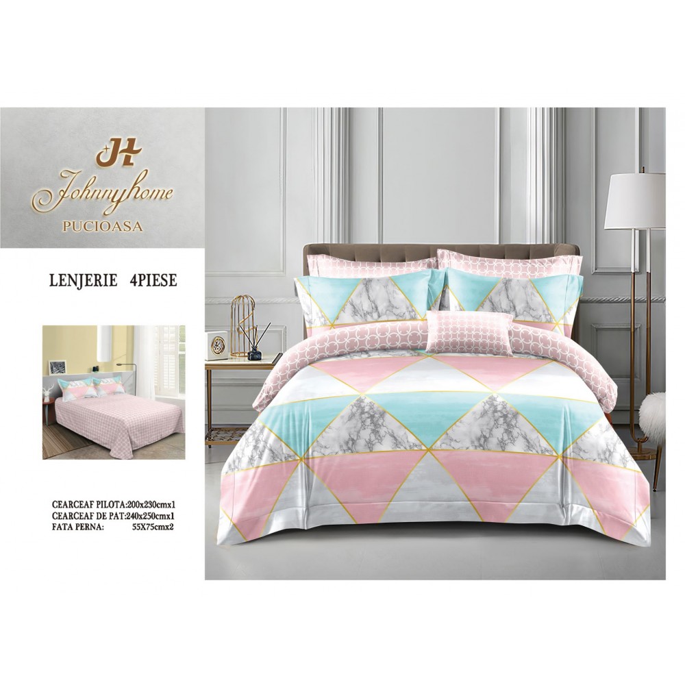 Lenjerie de Pat dublu, Bumbac Satinat Superior,4 Piese Cearceaf de pat 240 x 250 cm, A50-38 LENJERII DIN BUMBAC SATINAT