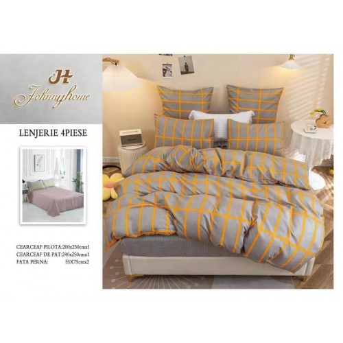 Lenjerie de Pat dublu, Bumbac Satinat Superior,4 Piese Cearceaf de pat 240 x 250 cm, A50-39