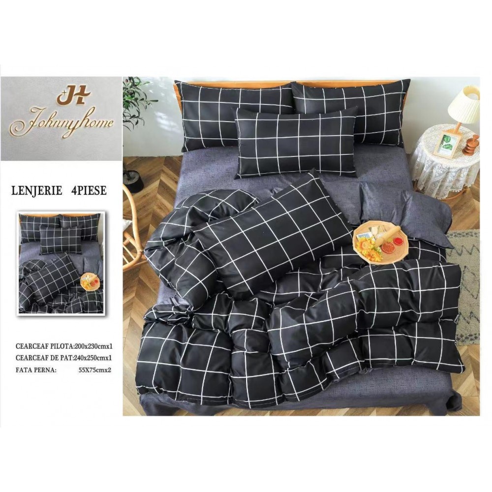 Lenjerie de Pat dublu, Bumbac Satinat Superior,4 Piese Cearceaf de pat 240 x 250 cm, A50-44 LENJERII DIN BUMBAC SATINAT