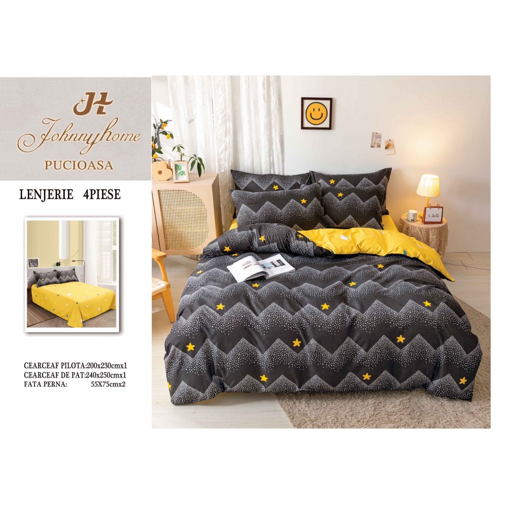 Lenjerie de Pat dublu, Bumbac Satinat Superior,4 Piese Cearceaf de pat 240 x 250 cm, A50-57 LENJERII DIN BUMBAC SATINAT