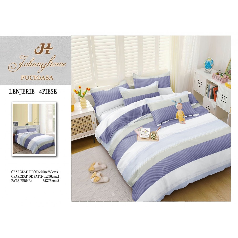Lenjerie de Pat dublu, Bumbac Satinat Superior,4 Piese Cearceaf de pat 240 x 250 cm, A50-58 LENJERII DIN BUMBAC SATINAT