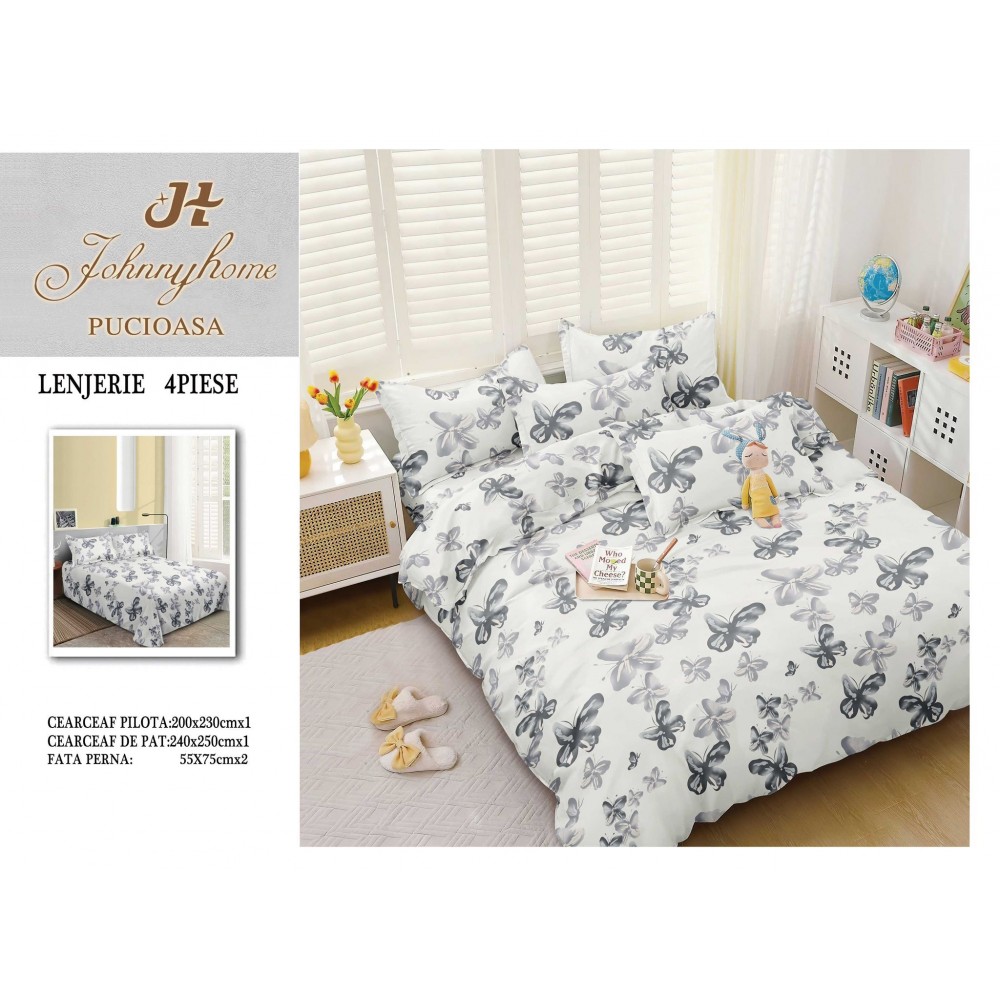 Lenjerie de Pat dublu, Bumbac Satinat Superior,4 Piese Cearceaf de pat 240 x 250 cm, A50-59 LENJERII DIN BUMBAC SATINAT