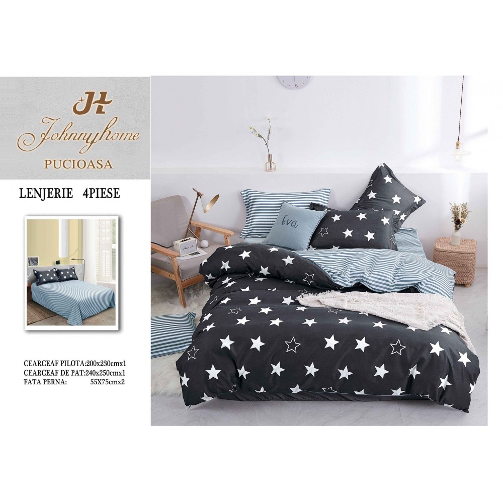 Lenjerie de Pat dublu, Bumbac Satinat Superior,4 Piese Cearceaf de pat 240 x 250 cm, A50-60 LENJERII DIN BUMBAC SATINAT