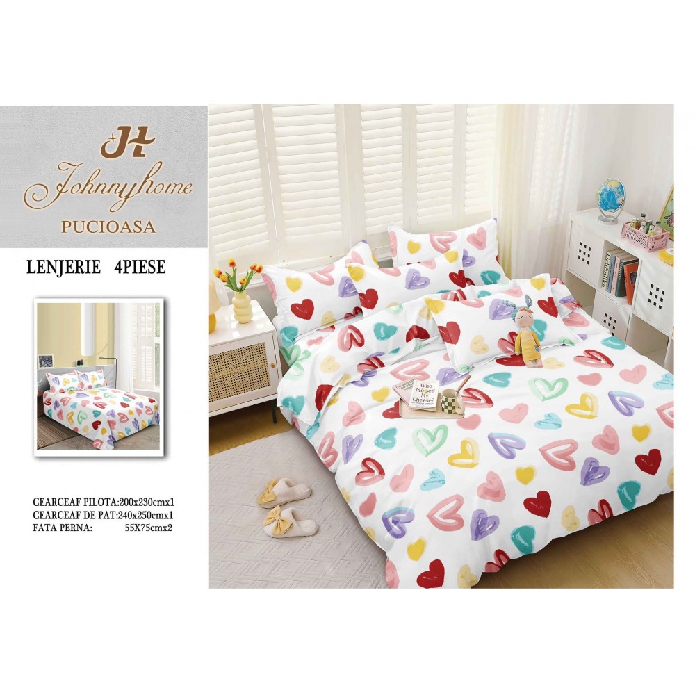 Lenjerie de Pat dublu, Bumbac Satinat Superior,4 Piese Cearceaf de pat 240 x 250 cm, A50-65 LENJERII DIN BUMBAC SATINAT