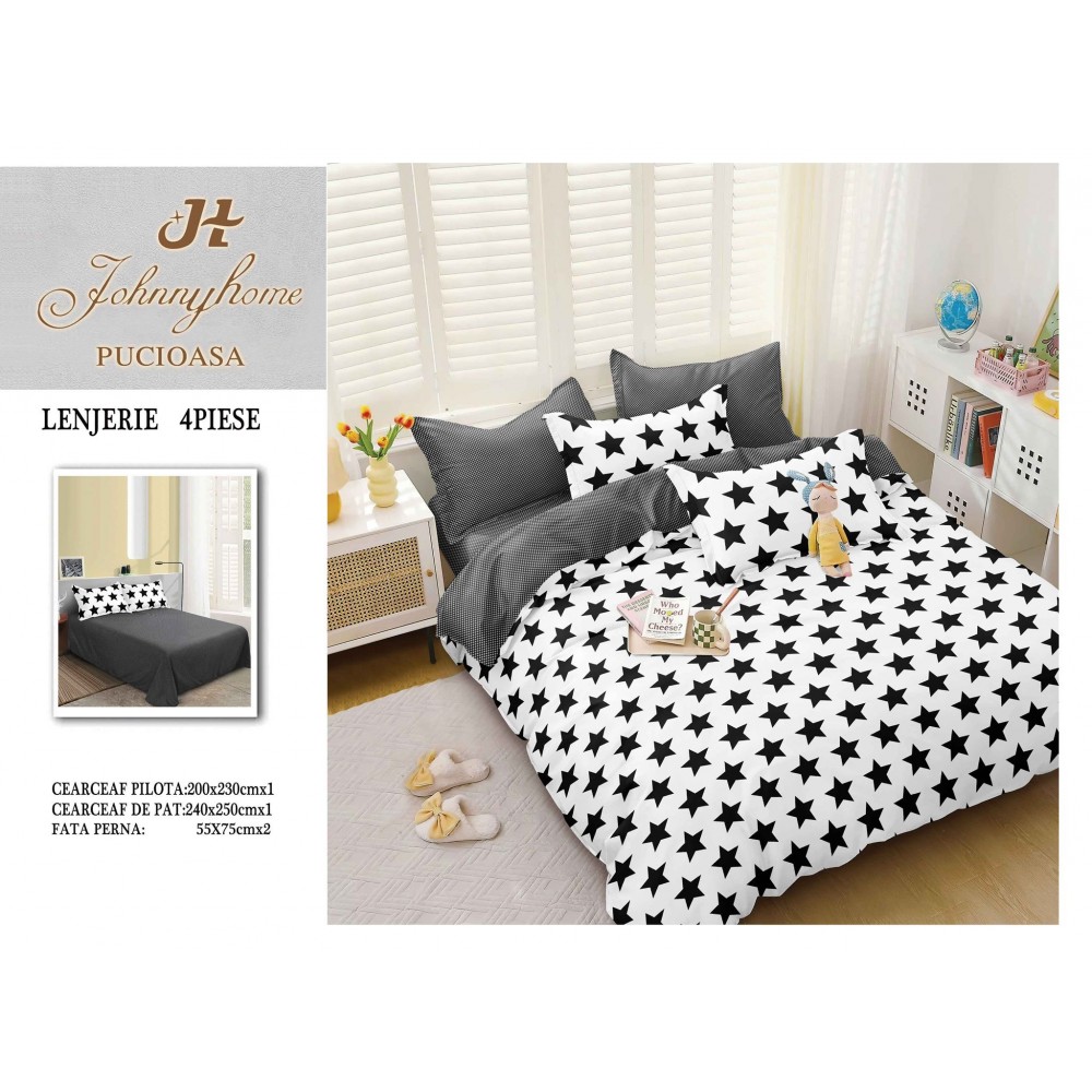 Lenjerie de Pat dublu, Bumbac Satinat Superior,4 Piese Cearceaf de pat 240 x 250 cm, A50-66 LENJERII DIN BUMBAC SATINAT