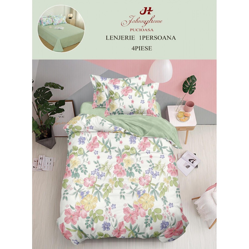 Lenjerie De Pat 1 Persoana 4 Piese, din Bumbac Finet, Cearceaf de pat 155x200cm, Y60-1 LENJERII DIN FINET 4 PIESE / 1 PERSOANA ELEGANT HOME PUCIOASA