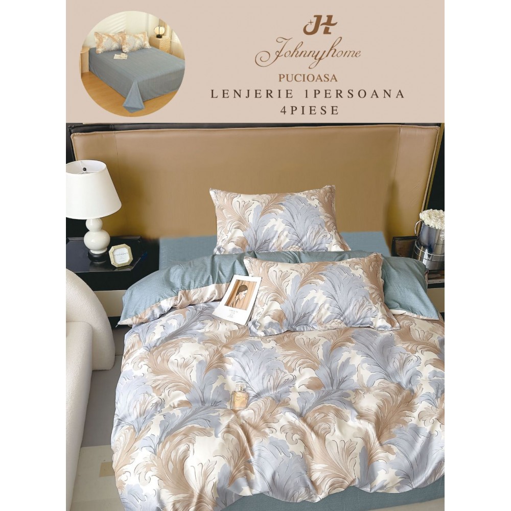 Lenjerie De Pat 1 Persoana 4 Piese, din Bumbac Finet, Cearceaf de pat 155x200cm, Y60-4 LENJERII DIN FINET 4 PIESE / 1 PERSOANA ELEGANT HOME PUCIOASA