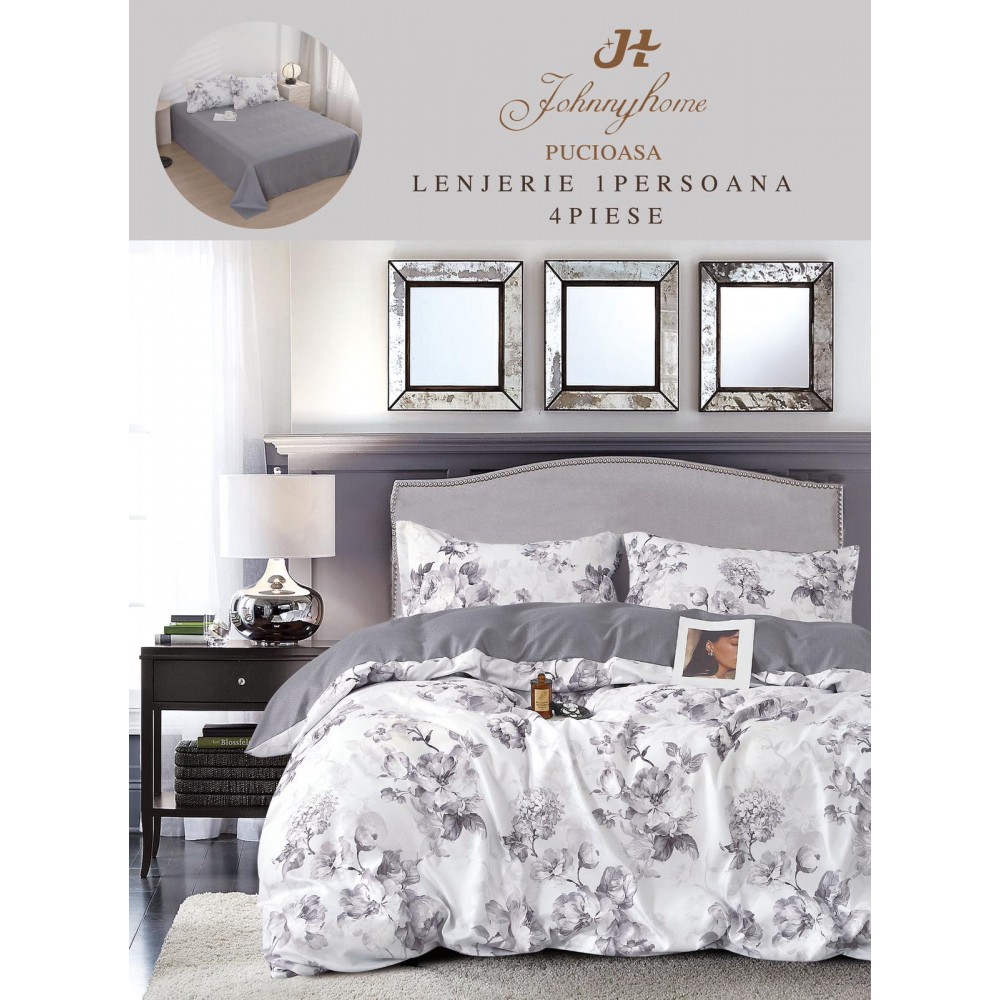Lenjerie De Pat 1 Persoana 4 Piese, din Bumbac Finet, Cearceaf de pat 155x200cm, Y60-7 LENJERII DIN FINET 4 PIESE / 1 PERSOANA ELEGANT HOME PUCIOASA