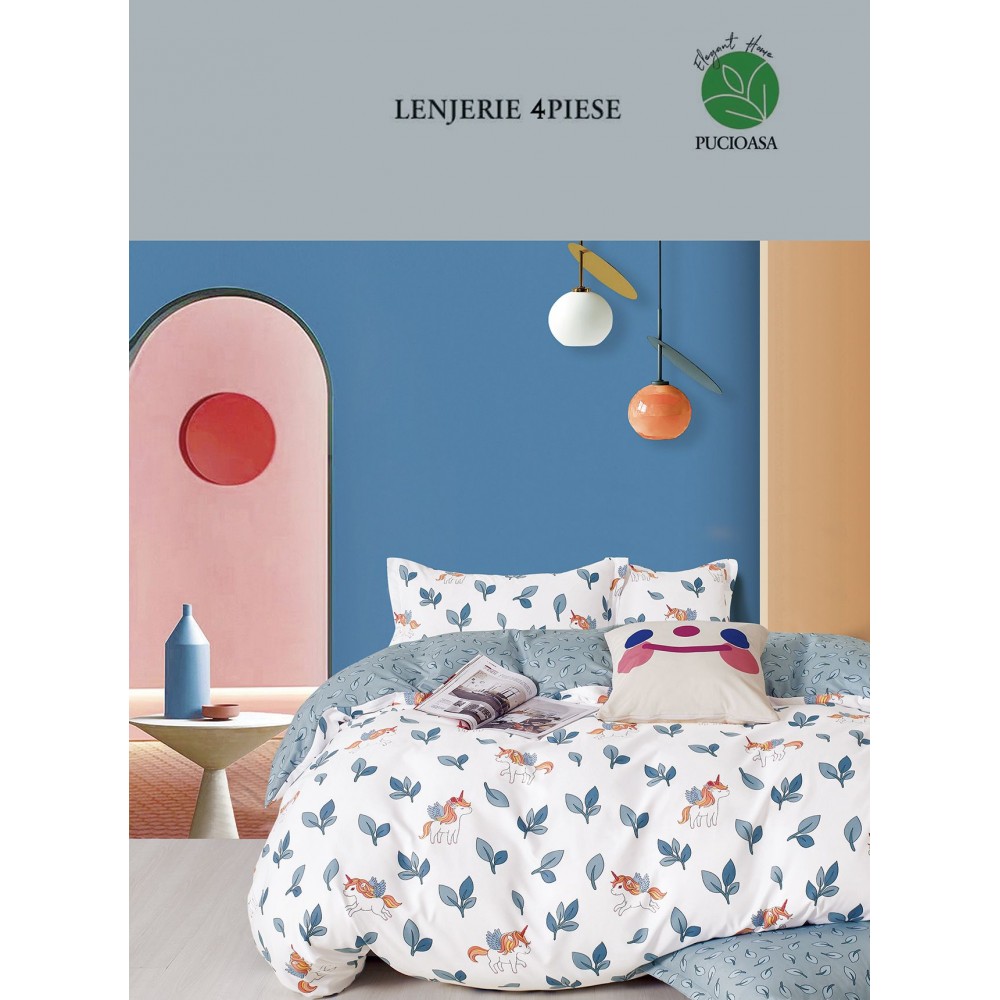 Lenjerie De Pat 1 Persoana 4 Piese, din Bumbac Finet, Cearceaf de pat 155x200cm, Y60-8 LENJERII DIN FINET 4 PIESE / 1 PERSOANA ELEGANT HOME PUCIOASA
