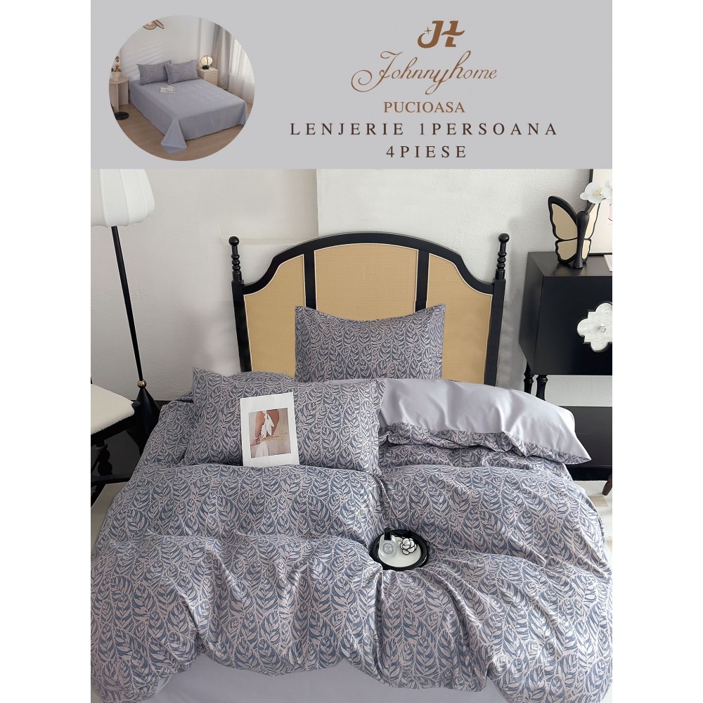 Lenjerie De Pat 1 Persoana 4 Piese, din Bumbac Finet, Cearceaf de pat 155x200cm, Y60-11 LENJERII DIN FINET 4 PIESE / 1 PERSOANA ELEGANT HOME PUCIOASA