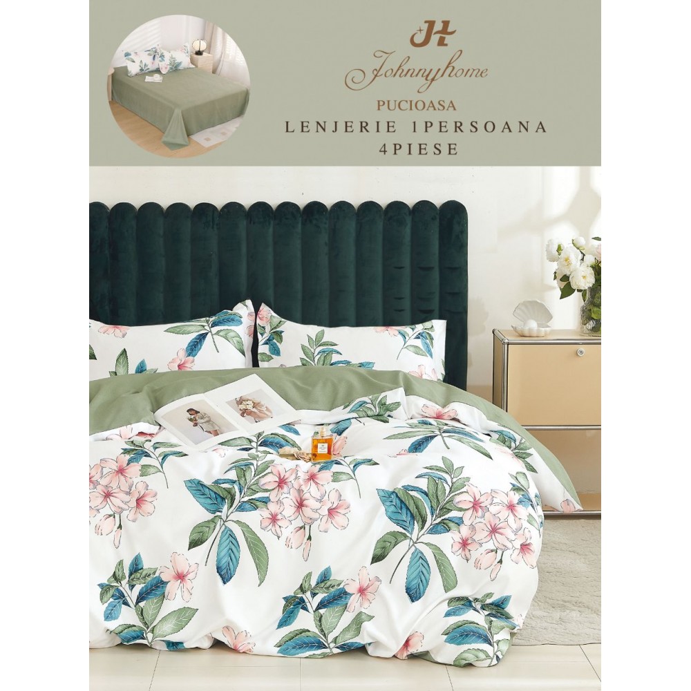 Lenjerie De Pat 1 Persoana 4 Piese, din Bumbac Finet, Cearceaf de pat 155x200cm, Y60-13 LENJERII DIN FINET 4 PIESE / 1 PERSOANA ELEGANT HOME PUCIOASA