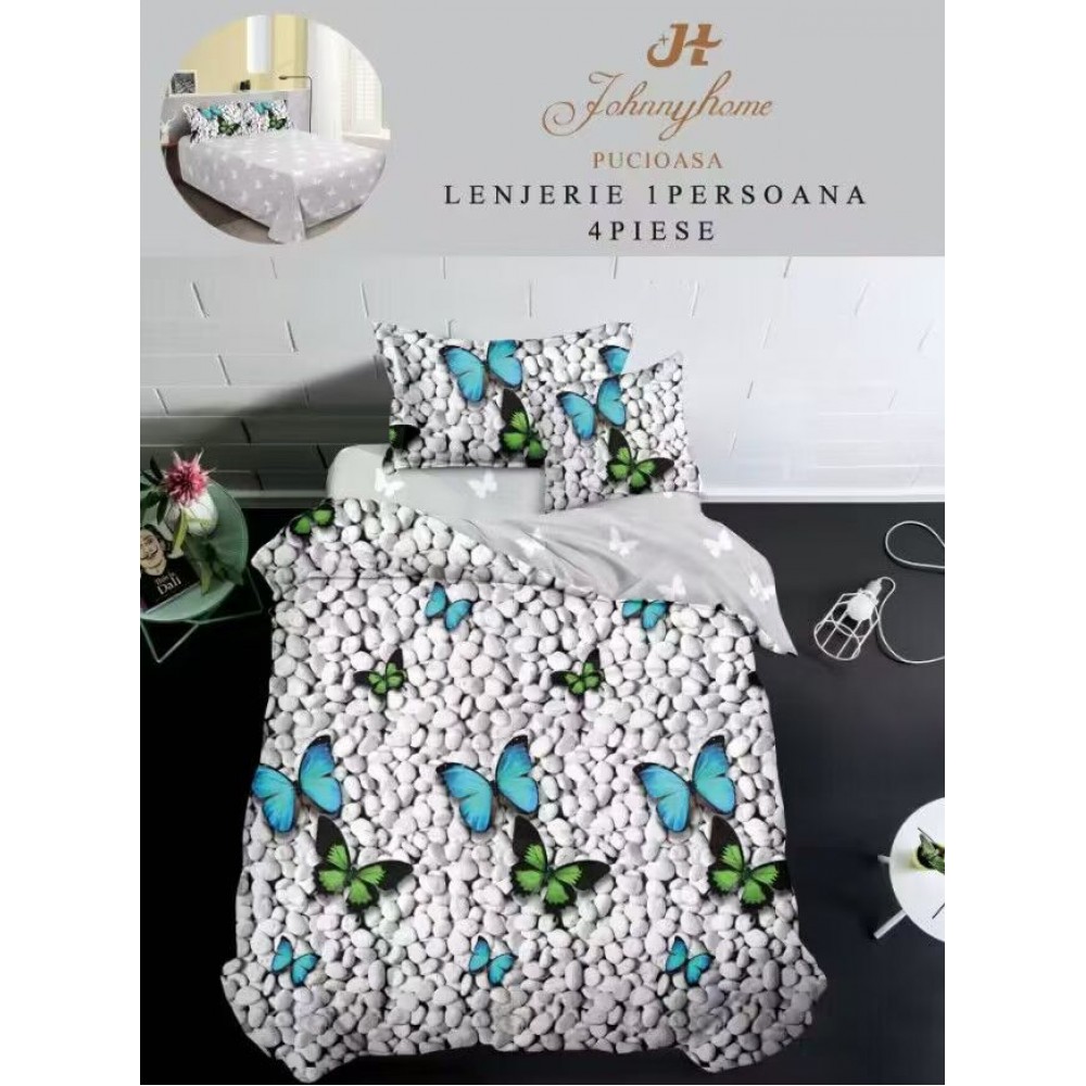 Lenjerie De Pat 1 Persoana 4 Piese, din Bumbac Finet, Cearceaf de pat 155x200cm, Y60-21 LENJERII DIN FINET 4 PIESE / 1 PERSOANA ELEGANT HOME PUCIOASA