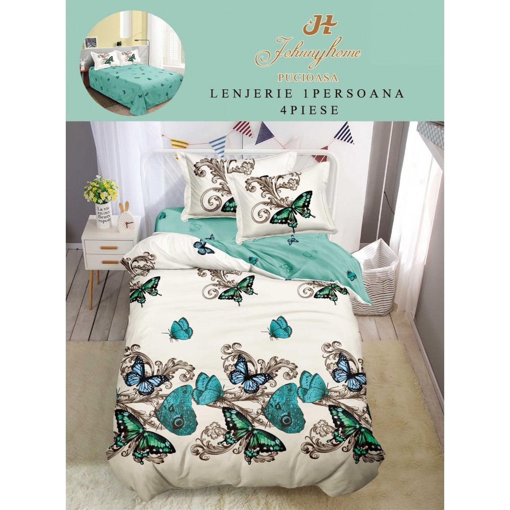 Lenjerie De Pat 1 Persoana 4 Piese, din Bumbac Finet, Cearceaf de pat 155x200cm, Y60-28 LENJERII DIN FINET 4 PIESE / 1 PERSOANA ELEGANT HOME PUCIOASA