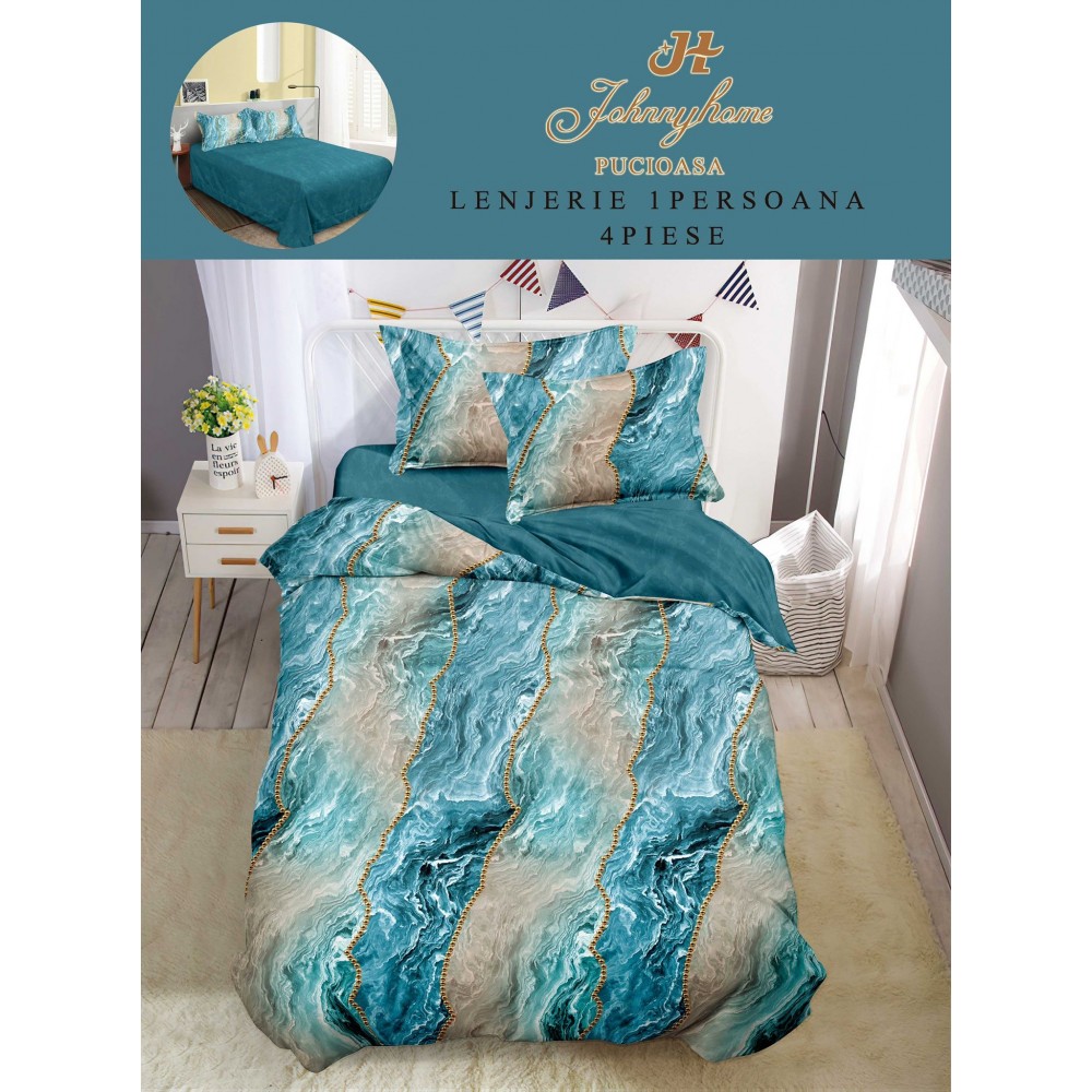 Lenjerie De Pat 1 Persoana 4 Piese, din Bumbac Finet, Cearceaf de pat 155x200cm, Y60-29 LENJERII DIN FINET 4 PIESE / 1 PERSOANA ELEGANT HOME PUCIOASA