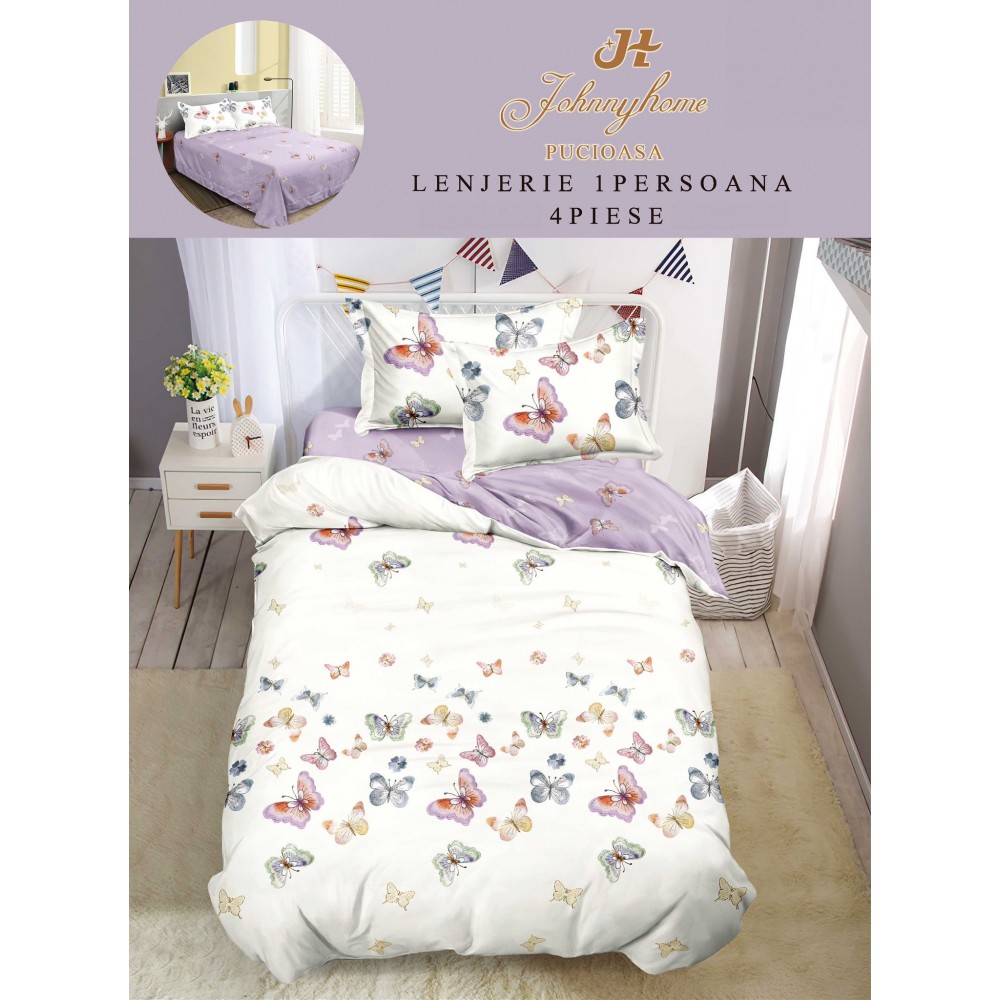 Lenjerie De Pat 1 Persoana 4 Piese, din Bumbac Finet, Cearceaf de pat 155x200cm, Y60-30 LENJERII DIN FINET 4 PIESE / 1 PERSOANA ELEGANT HOME PUCIOASA