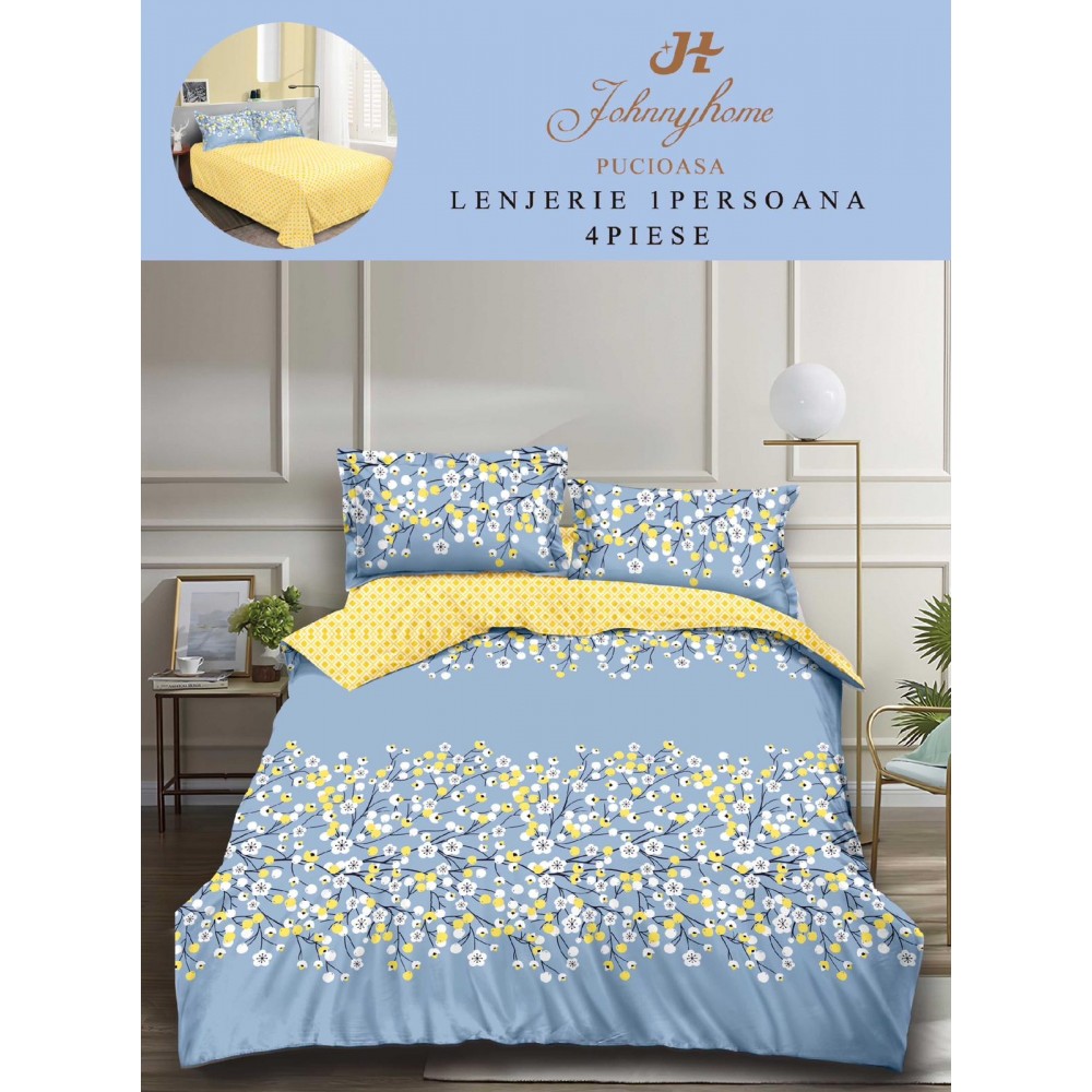 Lenjerie De Pat 1 Persoana 4 Piese, din Bumbac Finet, Cearceaf de pat 155x200cm, Y60-32 LENJERII DIN FINET 4 PIESE / 1 PERSOANA ELEGANT HOME PUCIOASA