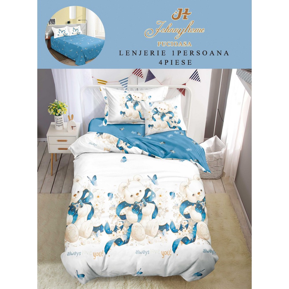 Lenjerie De Pat 1 Persoana 4 Piese, din Bumbac Finet, Cearceaf de pat 155x200cm, Y60-39 LENJERII DIN FINET 4 PIESE / 1 PERSOANA ELEGANT HOME PUCIOASA