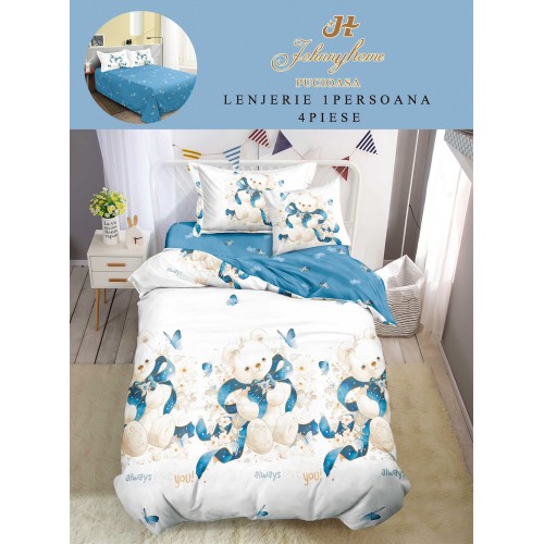 Lenjerie De Pat 1 Persoana 4 Piese, din Bumbac Finet, Cearceaf de pat 155x200cm, Y60-39