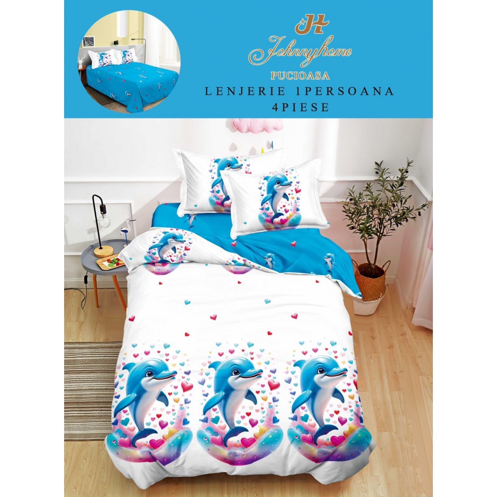 Lenjerie De Pat 1 Persoana 4 Piese, din Bumbac Finet, Cearceaf de pat 155x200cm, Y60-43 LENJERII DIN FINET 4 PIESE / 1 PERSOANA ELEGANT HOME PUCIOASA