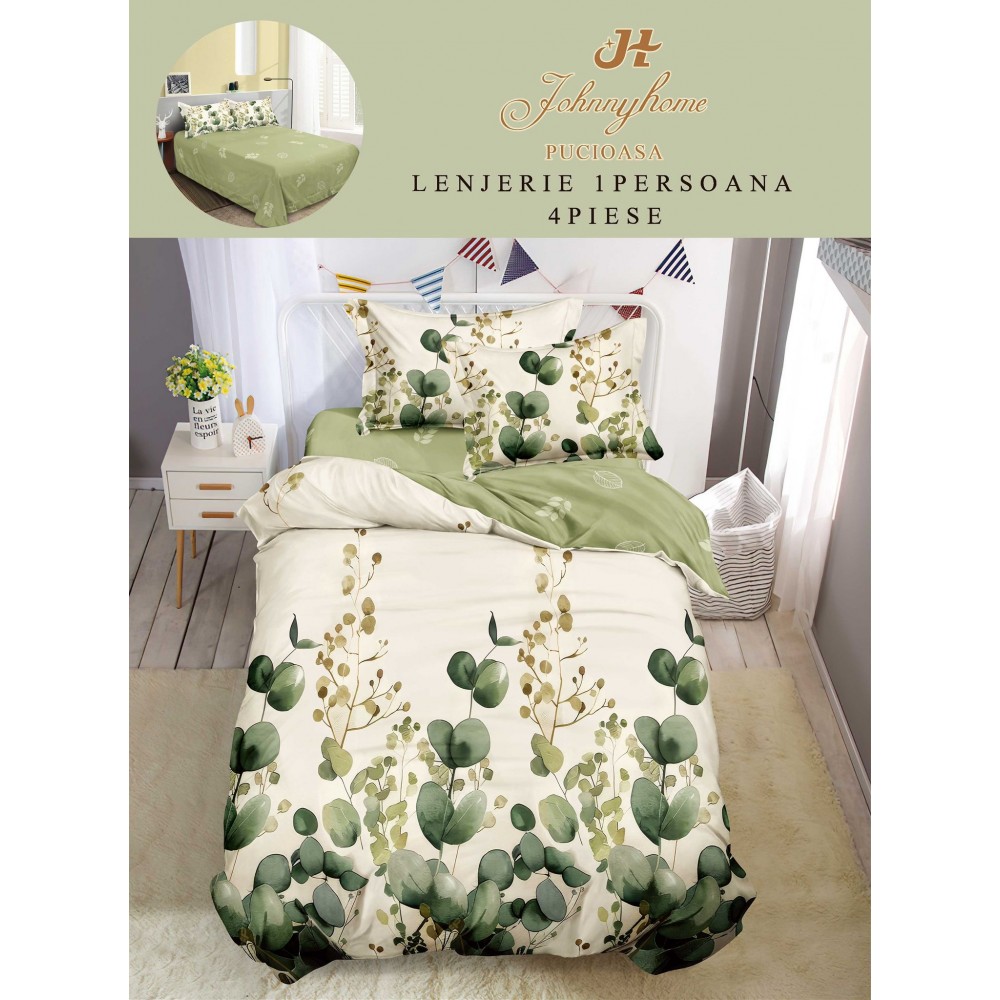 Lenjerie De Pat 1 Persoana 4 Piese, din Bumbac Finet, Cearceaf de pat 155x200cm, Y60-44 LENJERII DIN FINET 4 PIESE / 1 PERSOANA ELEGANT HOME PUCIOASA