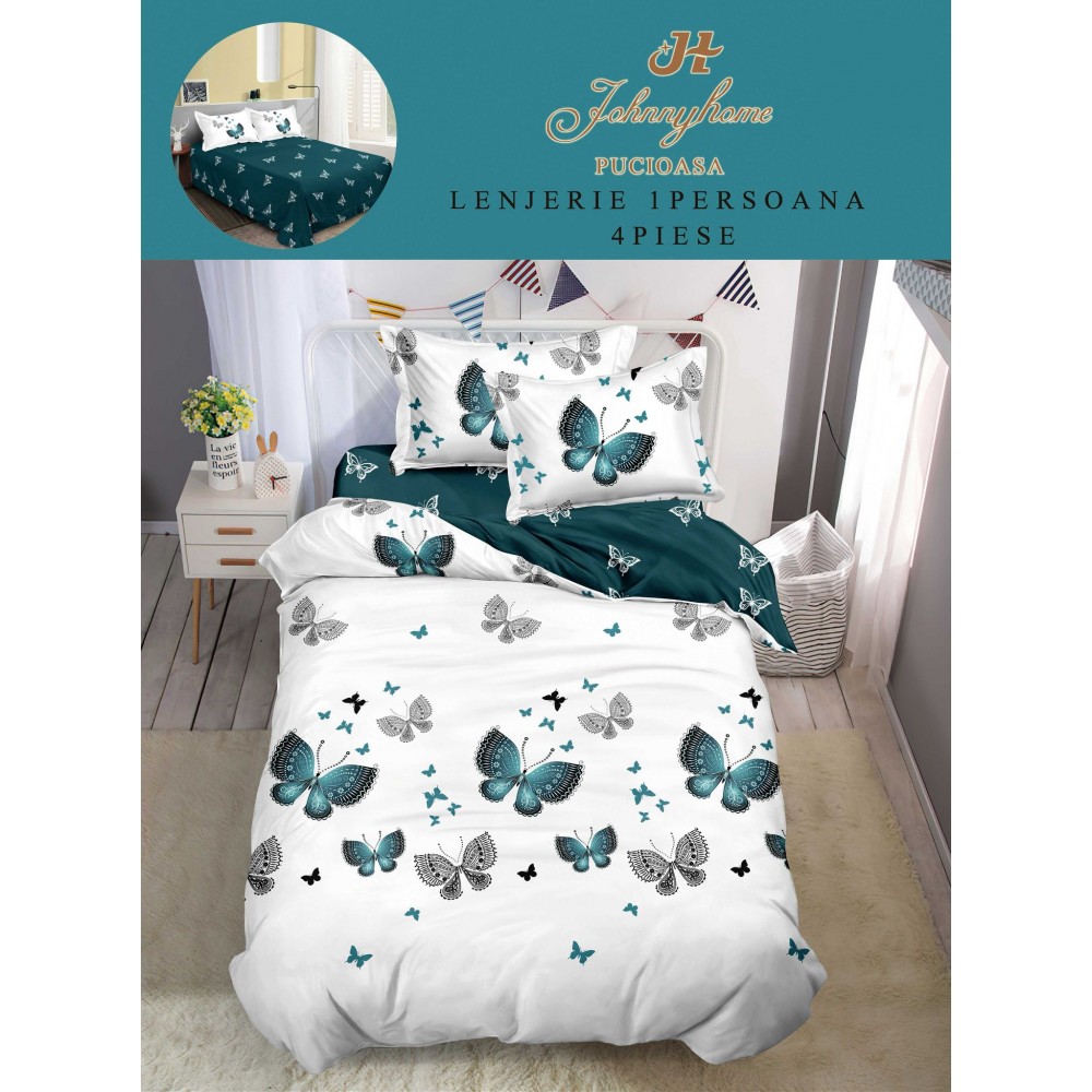 Lenjerie De Pat 1 Persoana 4 Piese, din Bumbac Finet, Cearceaf de pat 155x200cm, Y60-46 LENJERII DIN FINET 4 PIESE / 1 PERSOANA ELEGANT HOME PUCIOASA