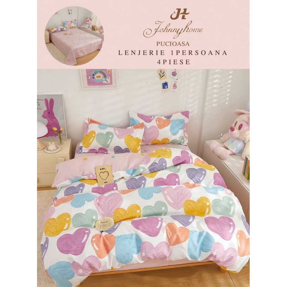 Lenjerie De Pat 1 Persoana 4 Piese, din Bumbac Finet, Cearceaf de pat 155x200cm, Y60-48 LENJERII DIN FINET 4 PIESE / 1 PERSOANA ELEGANT HOME PUCIOASA