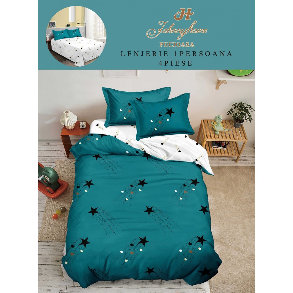 Lenjerie De Pat 1 Persoana 4 Piese, din Bumbac Finet, Cearceaf de pat 155x200cm, Y60-53 LENJERII DIN FINET 4 PIESE / 1 PERSOANA ELEGANT HOME PUCIOASA