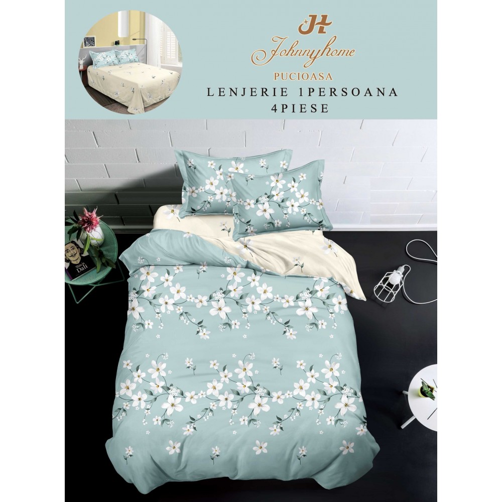 Lenjerie De Pat 1 Persoana 4 Piese, din Bumbac Finet, Cearceaf de pat 155x200cm, Y60-56 LENJERII DIN FINET 4 PIESE / 1 PERSOANA ELEGANT HOME PUCIOASA