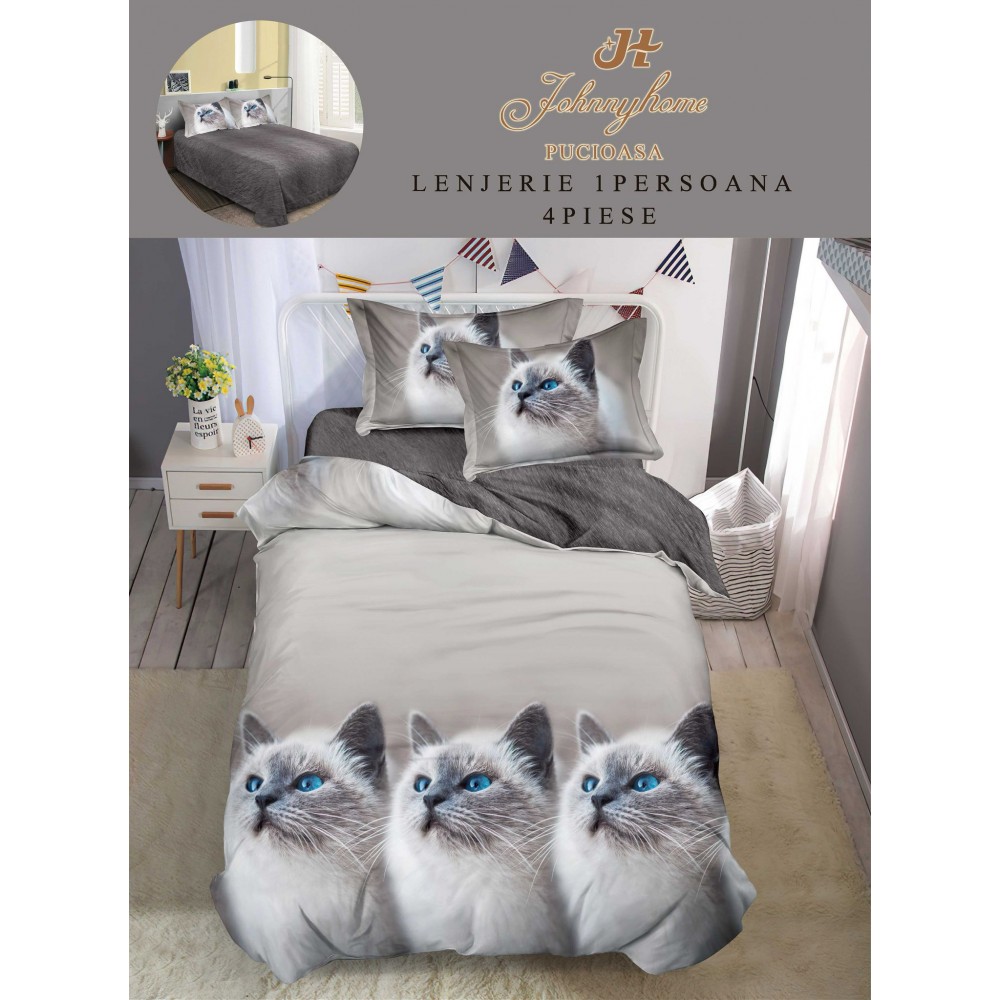 Lenjerie De Pat 1 Persoana 4 Piese, din Bumbac Finet, Cearceaf de pat 155x200cm, Y60-57 LENJERII DIN FINET 4 PIESE / 1 PERSOANA ELEGANT HOME PUCIOASA