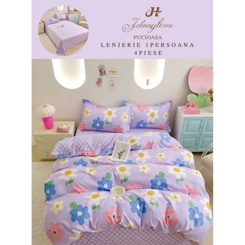Lenjerie De Pat 1 Persoana 4 Piese, din Bumbac Finet, Cearceaf de pat 155x200cm, Y60-58 LENJERII DIN FINET 4 PIESE / 1 PERSOANA ELEGANT HOME PUCIOASA