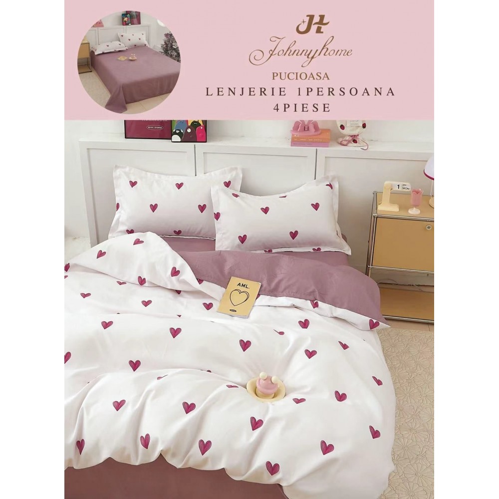 Lenjerie De Pat 1 Persoana 4 Piese, din Bumbac Finet, Cearceaf de pat 155x200cm, Y60-59 LENJERII DIN FINET 4 PIESE / 1 PERSOANA ELEGANT HOME PUCIOASA