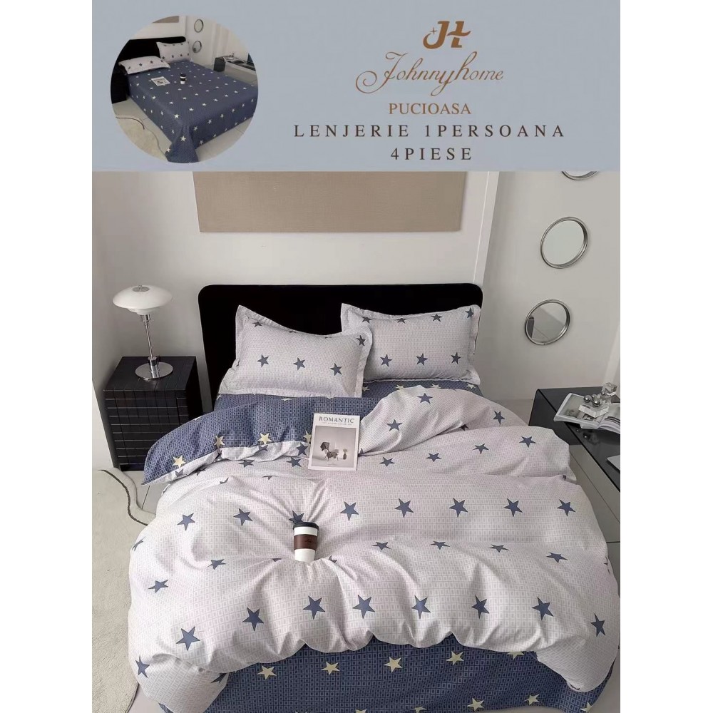Lenjerie De Pat 1 Persoana 4 Piese, din Bumbac Finet, Cearceaf de pat 155x200cm, Y60-61 LENJERII DIN FINET 4 PIESE / 1 PERSOANA ELEGANT HOME PUCIOASA
