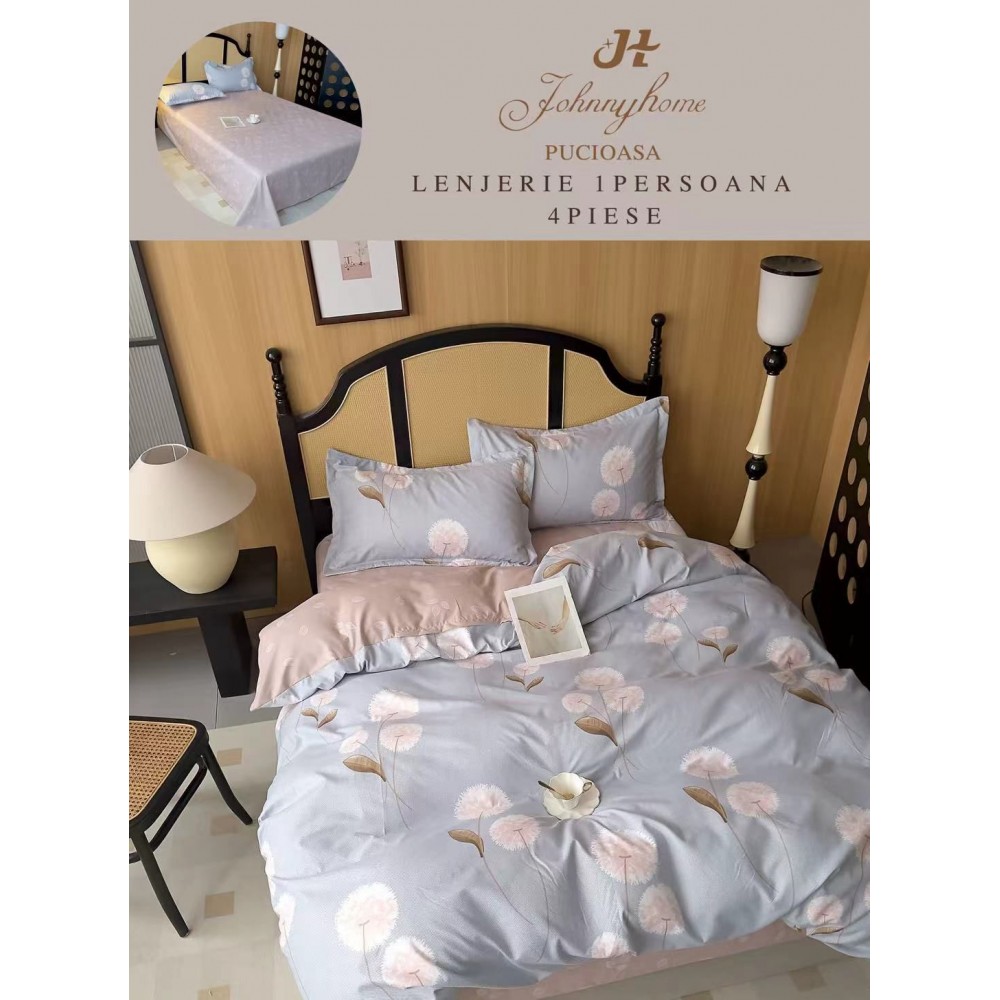 Lenjerie De Pat 1 Persoana 4 Piese, din Bumbac Finet, Cearceaf de pat 155x200cm, Y60-62 LENJERII DIN FINET 4 PIESE / 1 PERSOANA ELEGANT HOME PUCIOASA