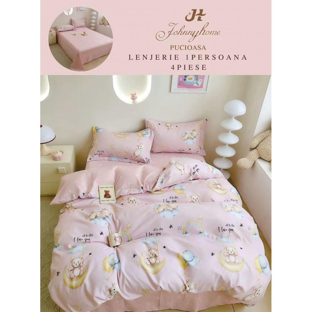 Lenjerie De Pat 1 Persoana 4 Piese, din Bumbac Finet, Cearceaf de pat 155x200cm, Y60-63 LENJERII DIN FINET 4 PIESE / 1 PERSOANA ELEGANT HOME PUCIOASA