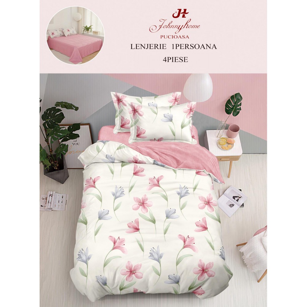 Lenjerie De Pat 1 Persoana 4 Piese, din Bumbac Finet, Cearceaf de pat 155x200cm, Y60-66 LENJERII DIN FINET 4 PIESE / 1 PERSOANA ELEGANT HOME PUCIOASA