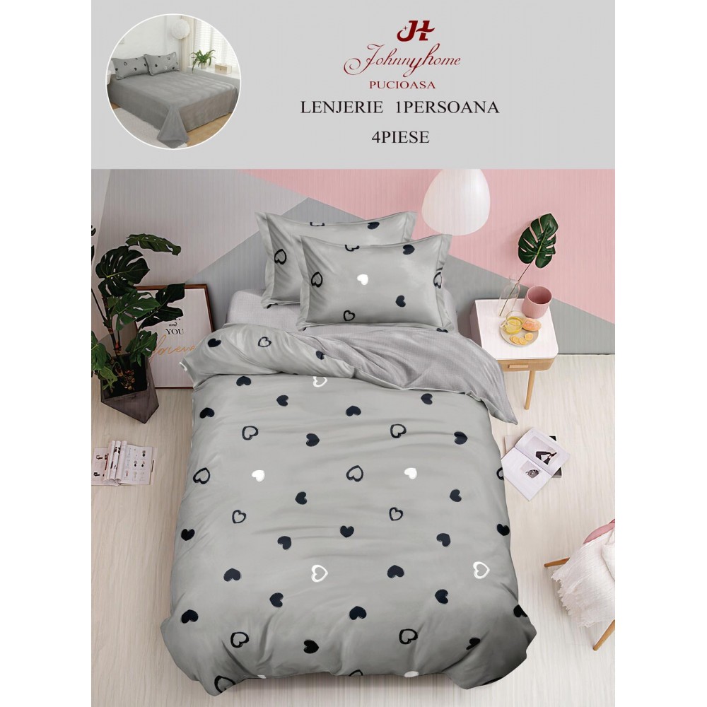 Lenjerie De Pat 1 Persoana 4 Piese, din Bumbac Finet, Cearceaf de pat 155x200cm, Y60-67 LENJERII DIN FINET 4 PIESE / 1 PERSOANA ELEGANT HOME PUCIOASA