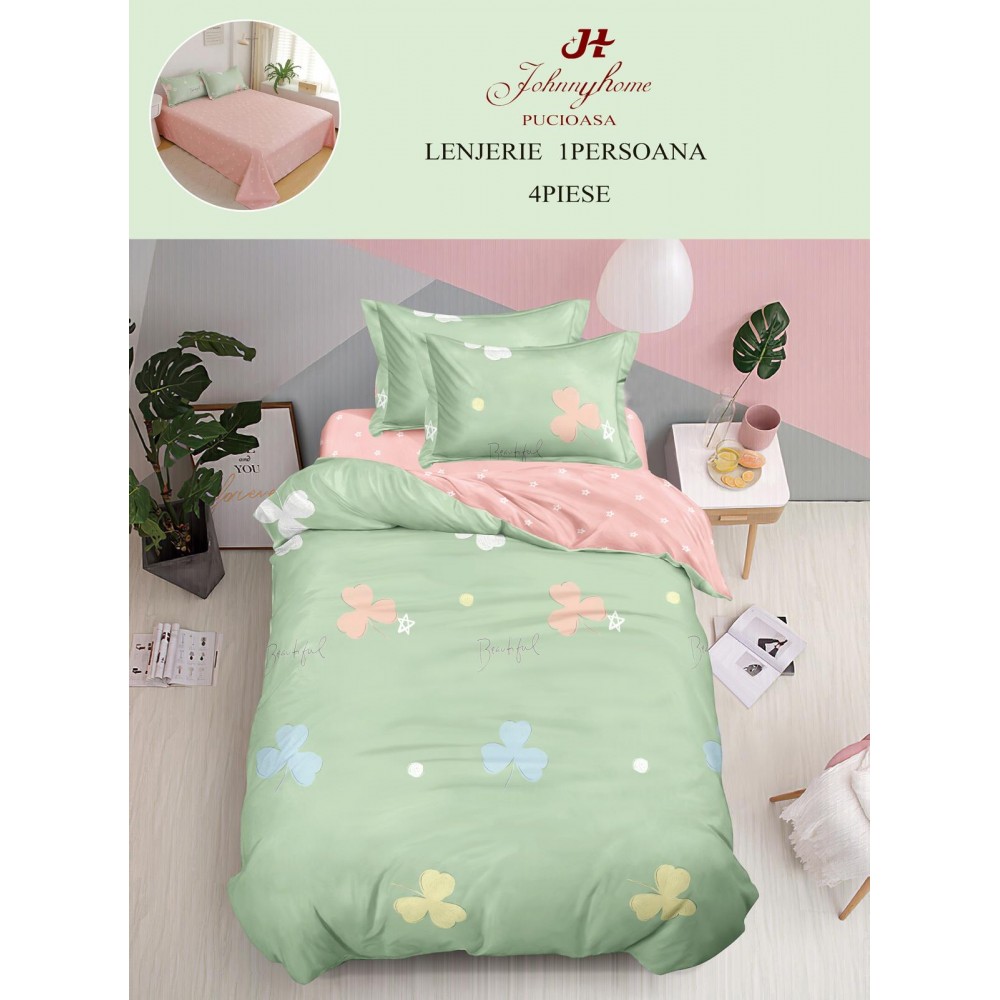 Lenjerie De Pat 1 Persoana 4 Piese, din Bumbac Finet, Cearceaf de pat 155x200cm, Y60-68 LENJERII DIN FINET 4 PIESE / 1 PERSOANA ELEGANT HOME PUCIOASA